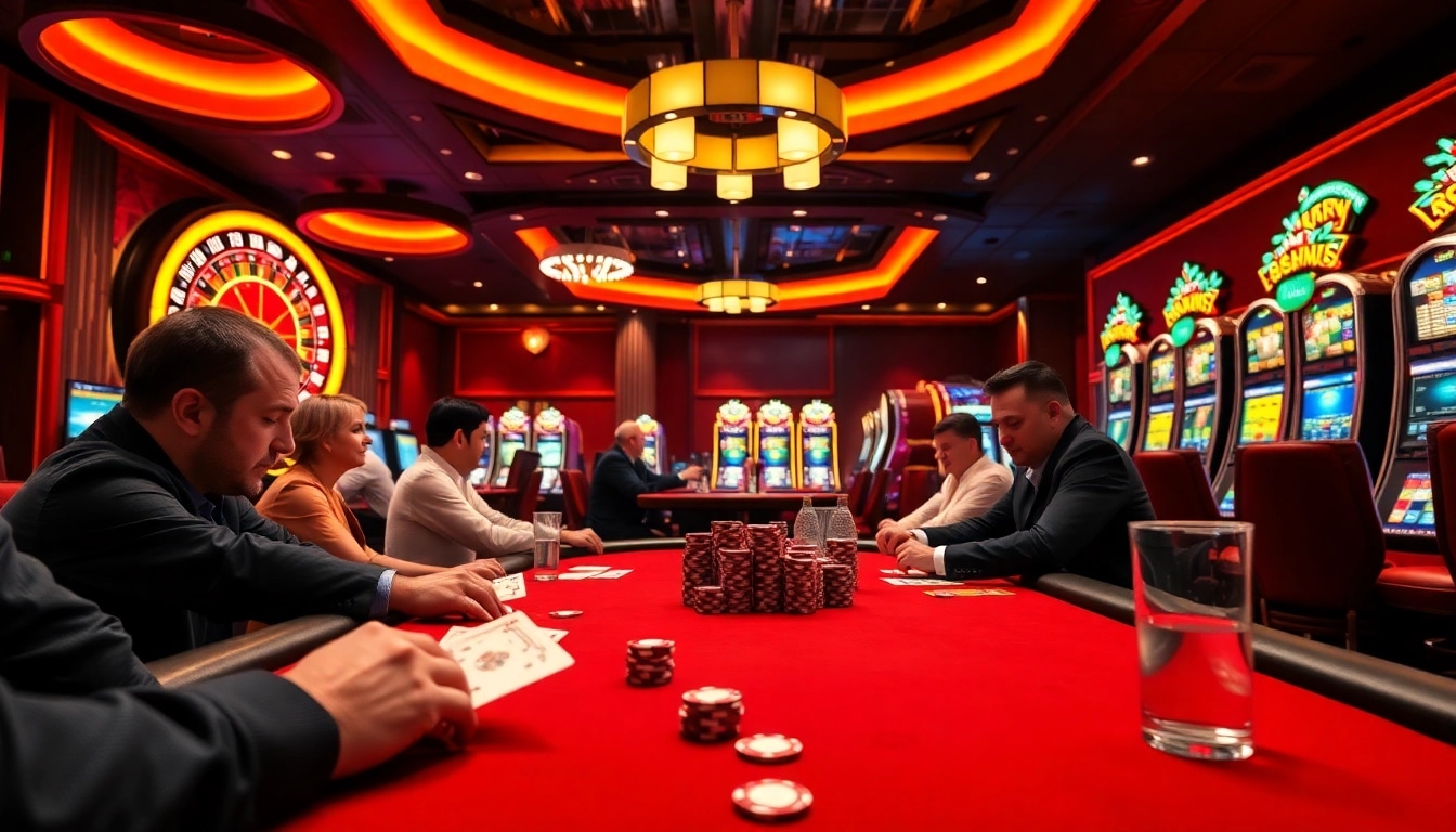 Players enjoying a thrilling poker game at a casino, showcasing the excitement of gambling at https://rr888.video/.