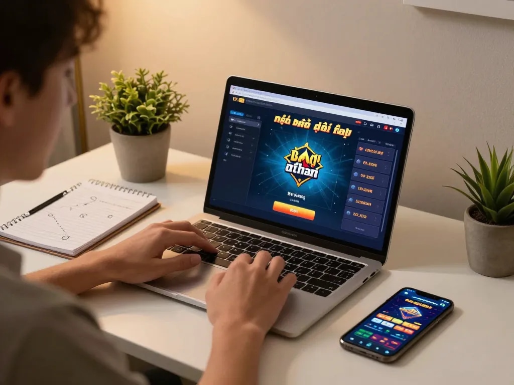 Engaging in game bài đổi thưởng at home with laptop gameplay and strategy notes.