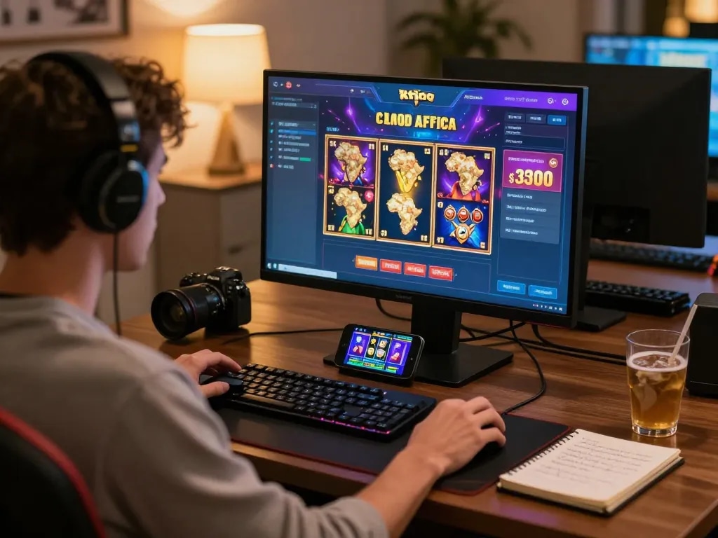 Player engaged in cloud-africa casino online gaming with vibrant slot game graphics on screen.