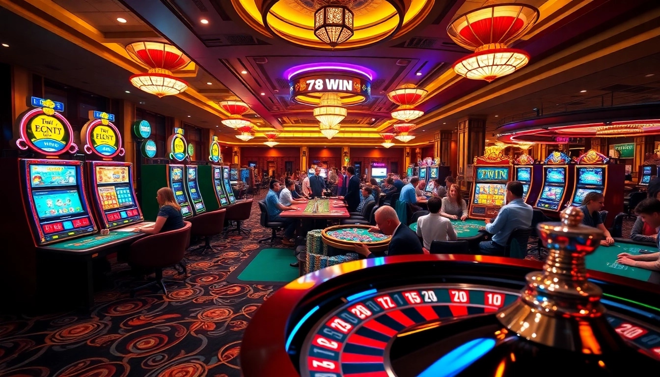 Exciting atmosphere of 78win casino with players enjoying poker and slots.