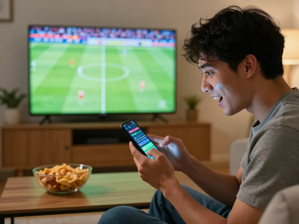 Socolive fan engaging in soccer betting on smartphone in cozy living room.