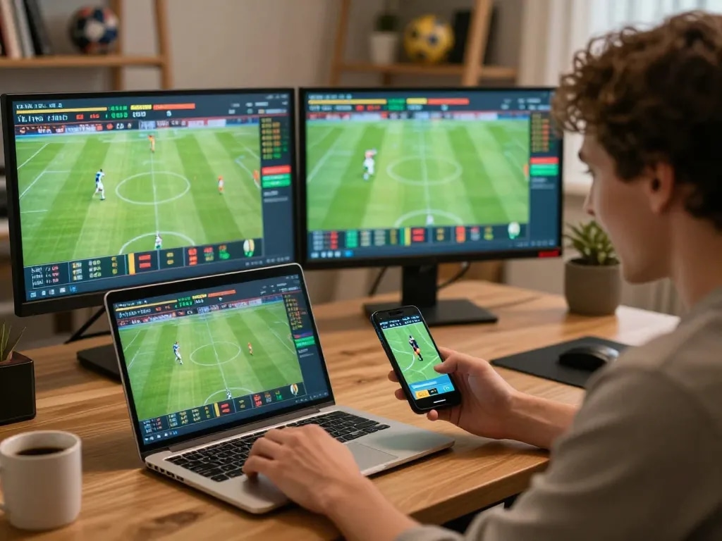 Betting on tỷ lệ kèo nhà cái with excitement in a modern online sports gaming setup.