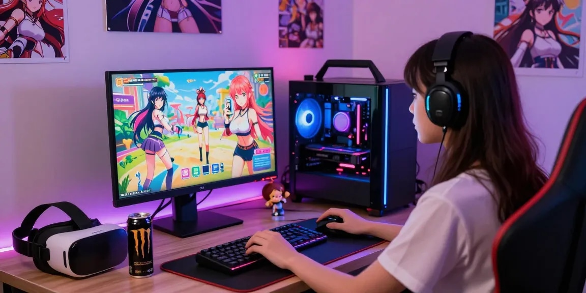 Dynamic gaming setup showcasing a woman playing ecchi games in a vibrant environment.