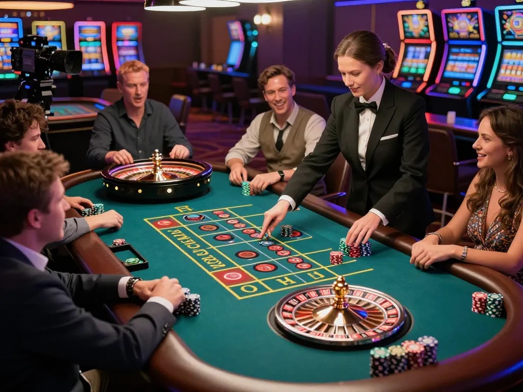 Players at a lively roulette table in a classy casino atmosphere engage with enthusiasm while betting at https://s8inc.com/.