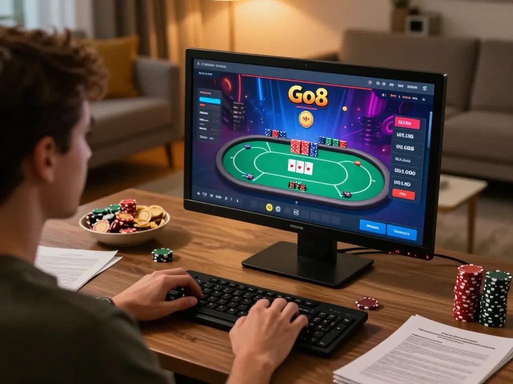 Player strategizing gameplay on the Go8 online casino platform with a vibrant poker table displayed.