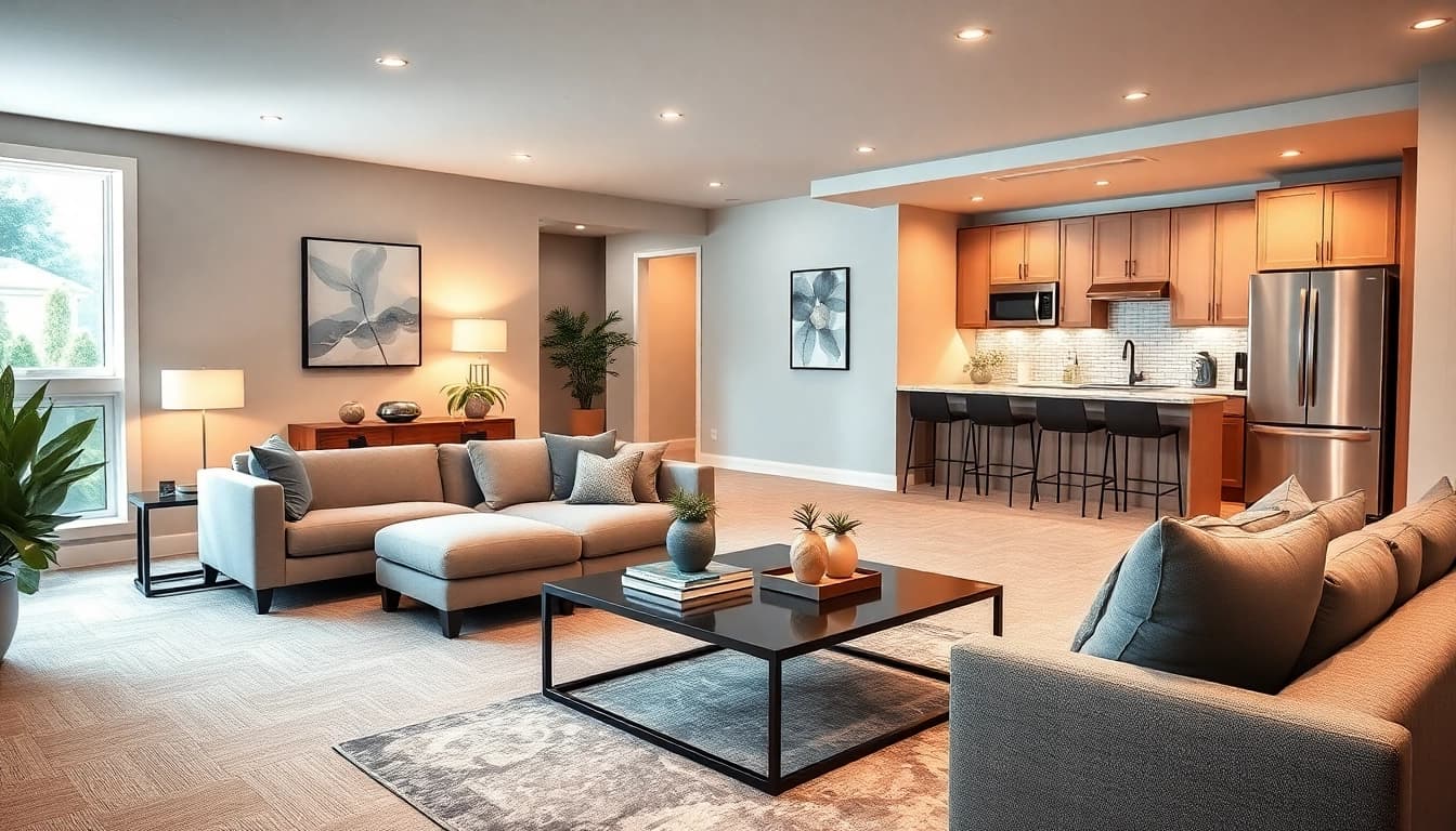 Transform your space with stunning basement renovation featuring modern design elements.