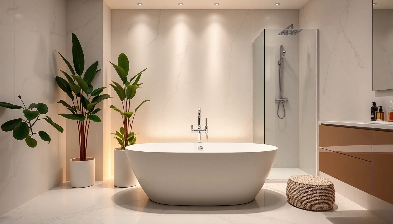 Modern bathroom designed by skilled bathroom fitters, showcasing elegant fixtures and serene ambiance.