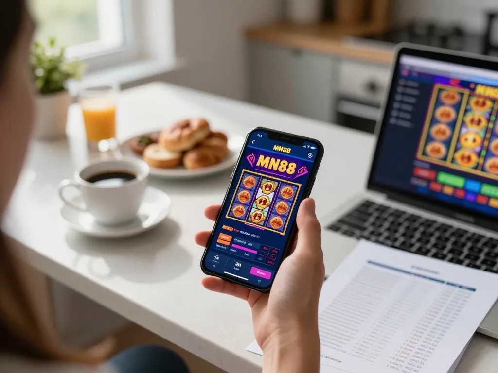 Player using MN88 app for online slot games in a modern kitchen setting, showcasing vibrant graphics