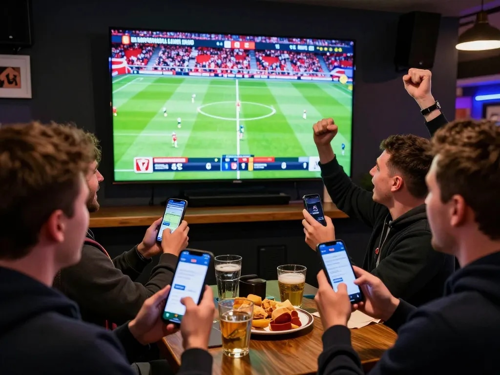 Betting enthusiasts using au88 app while watching a live football match in an exciting sports bar.