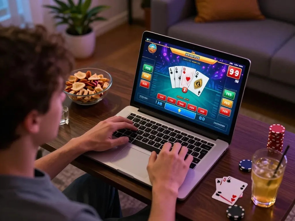 Player enjoying hitclub online blackjack gaming experience at home with snacks and laptop.
