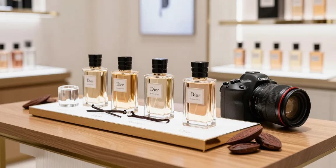 Dior Vanilla Diorama perfume samples elegantly displayed in a luxury boutique, highlighting rich cocoa and vanilla notes.