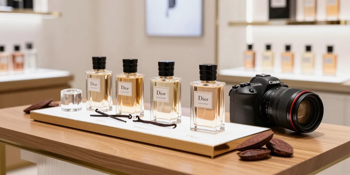 Dior Vanilla Diorama perfume samples elegantly displayed in a luxury boutique, highlighting rich cocoa and vanilla notes.