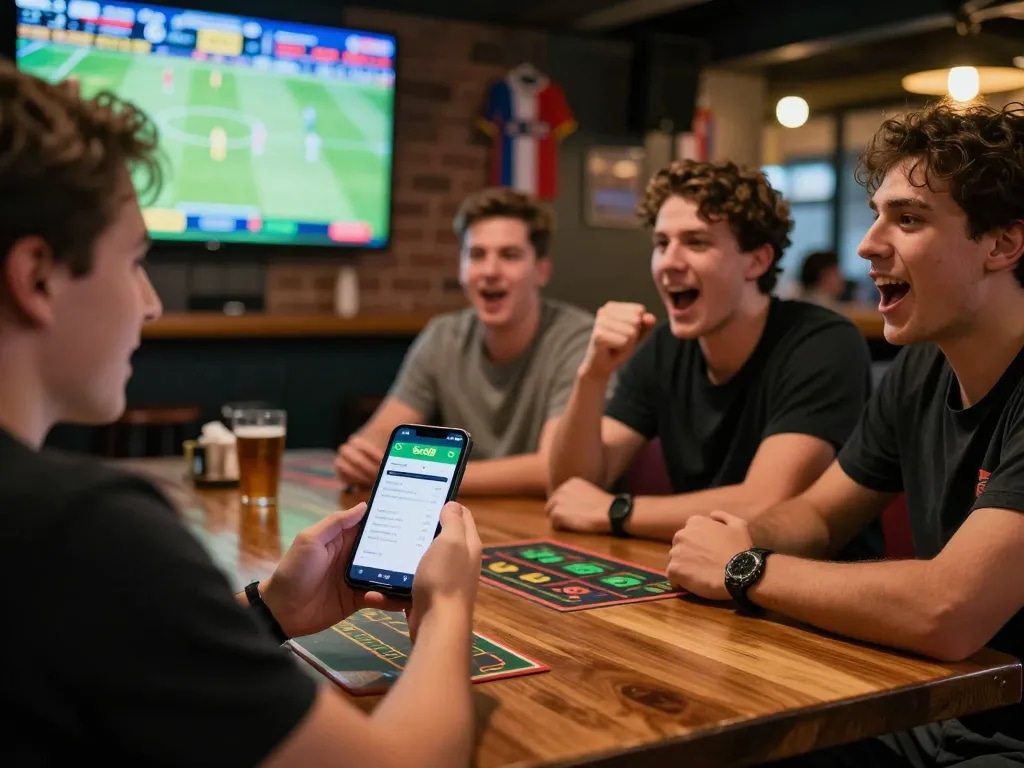 Excited bettor using Soc88 app during live sports event at a vibrant sports bar environment