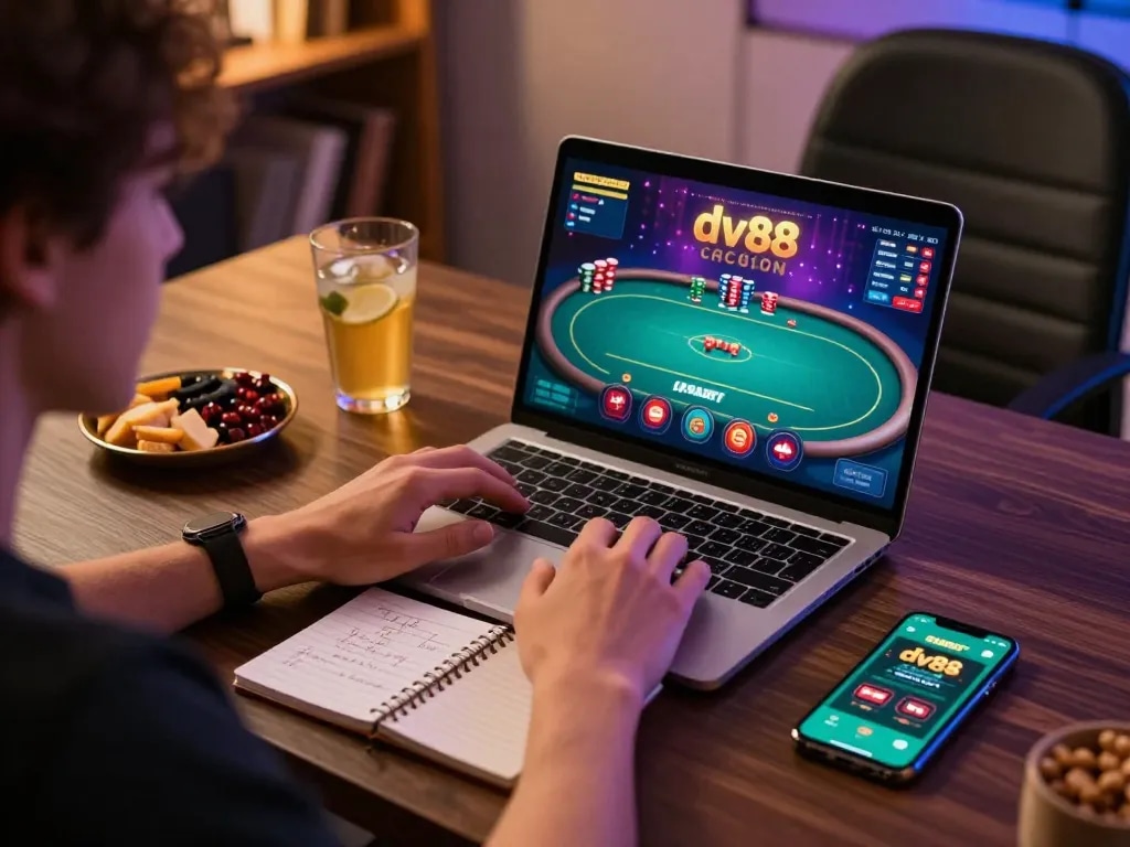 Player engaging with dv88 casino app on laptop, showcasing strategic gameplay and a cozy home gaming setup.