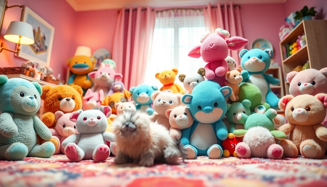 Adorable collection of custom plushies in a cozy child's room setting.