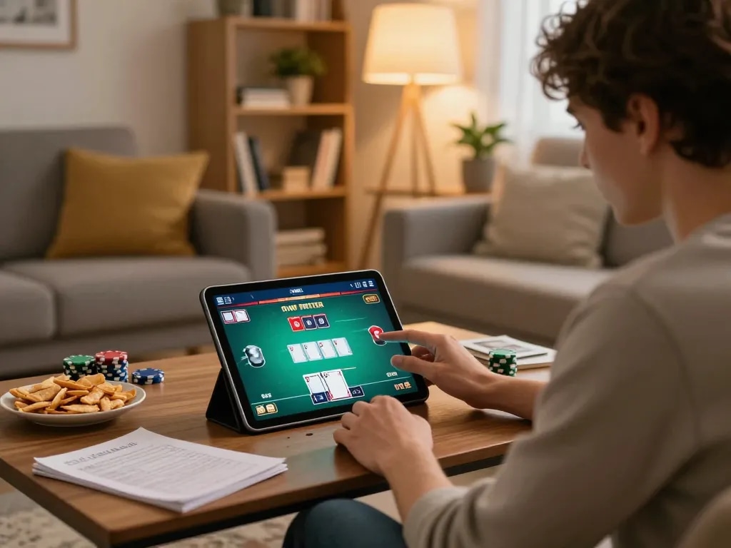 Engaged player using 566 online casino app for poker, comfortable setting with strategy notes.