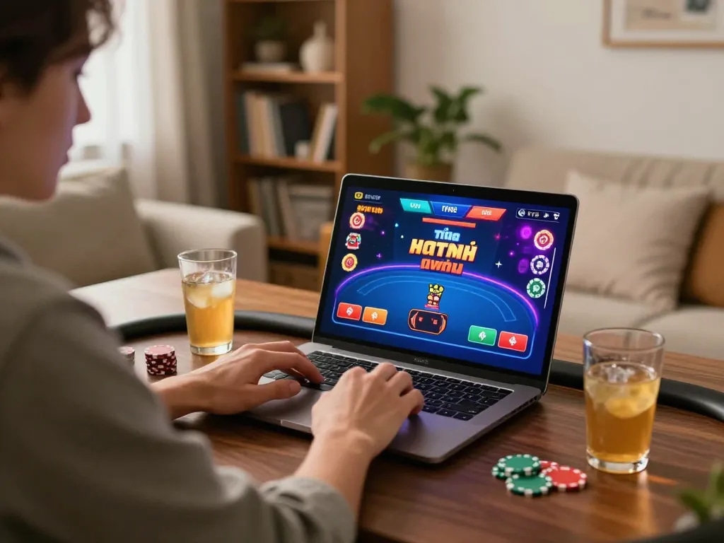Playing game đổi thưởng uy tín on a laptop in a cozy home setting, showcasing engaging gameplay.