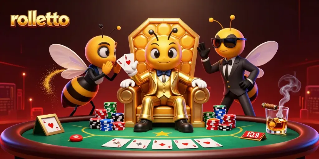 rolletto casino scene illustrates the excitement of high-stakes poker with vibrant characters.