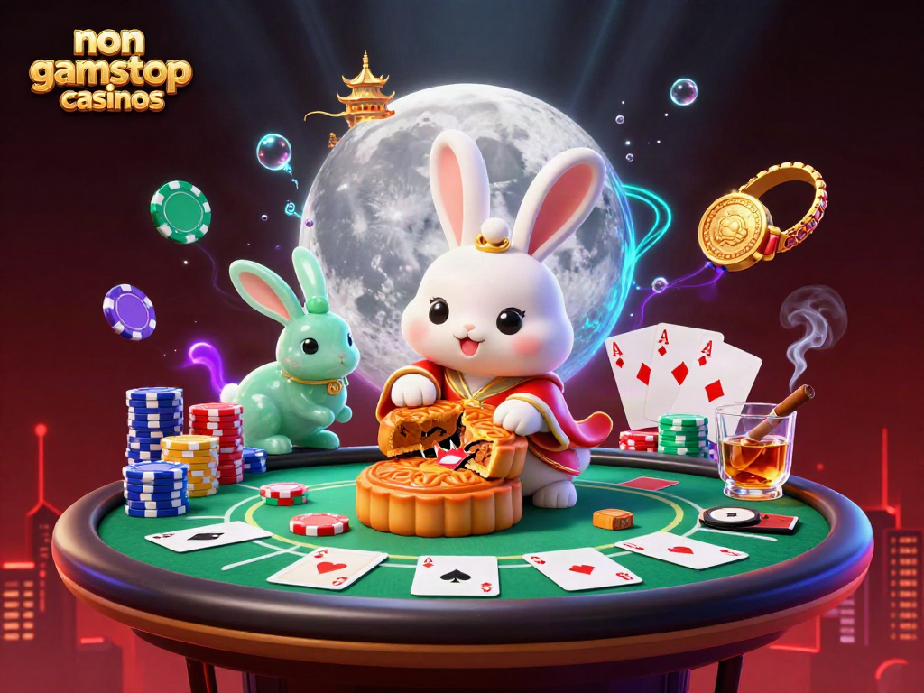 Engaging illustration of non gamstop casinos featuring a charming moon rabbit scene with poker elements.