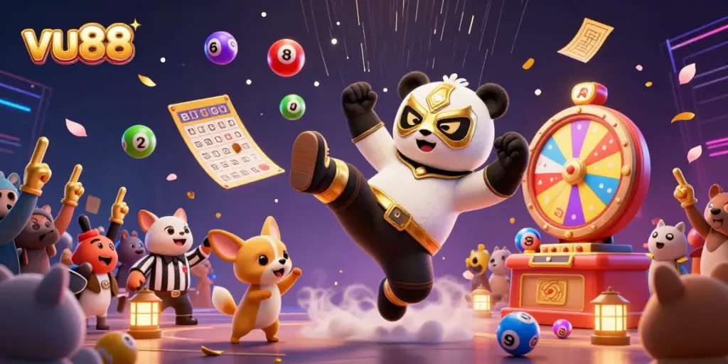 Experience the thrilling excitement at vu88 with a lively scene of animated characters and dynamic gaming elements.