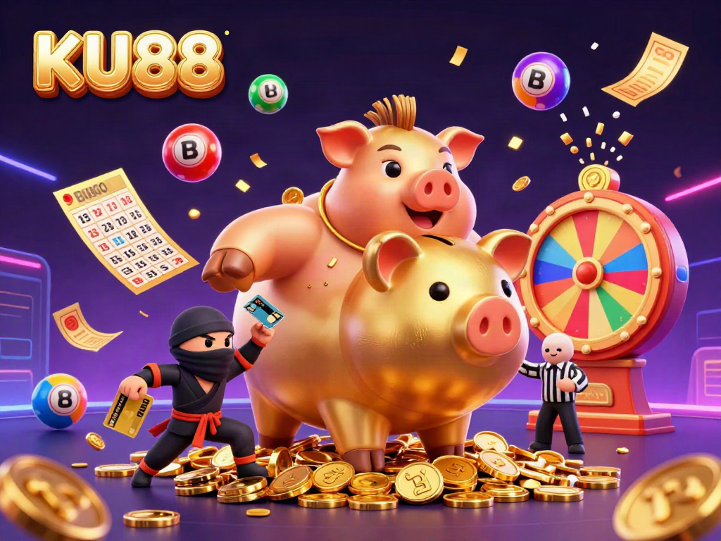 Engage in thrilling gambling action with KU88's dynamic characters and colorful game elements in this vibrant casino scene.