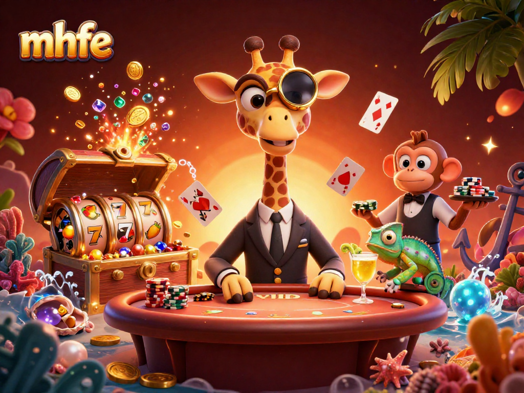 Engage with mhfe's vibrant casino scene featuring a giraffe playing poker amidst dynamic elements.