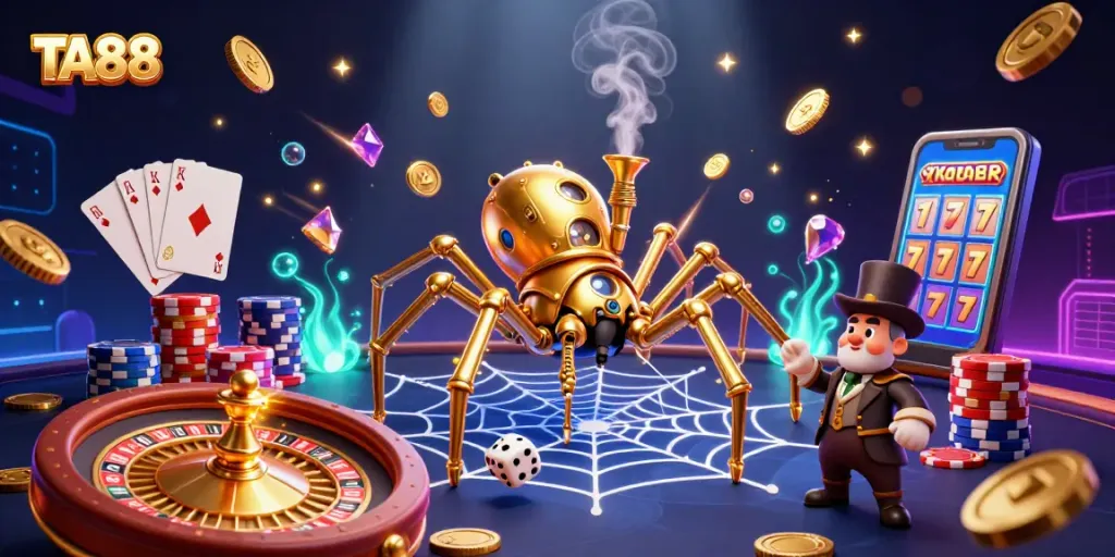 Catch thrilling gambling vibes with TA88 in an immersive steampunk casino adventure illustration.