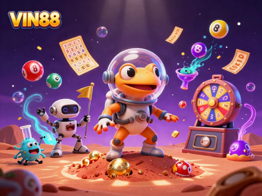 Experience the excitement of VIN88 as a Martian gecko explores a golden casino surrounded by vibrant game elements.