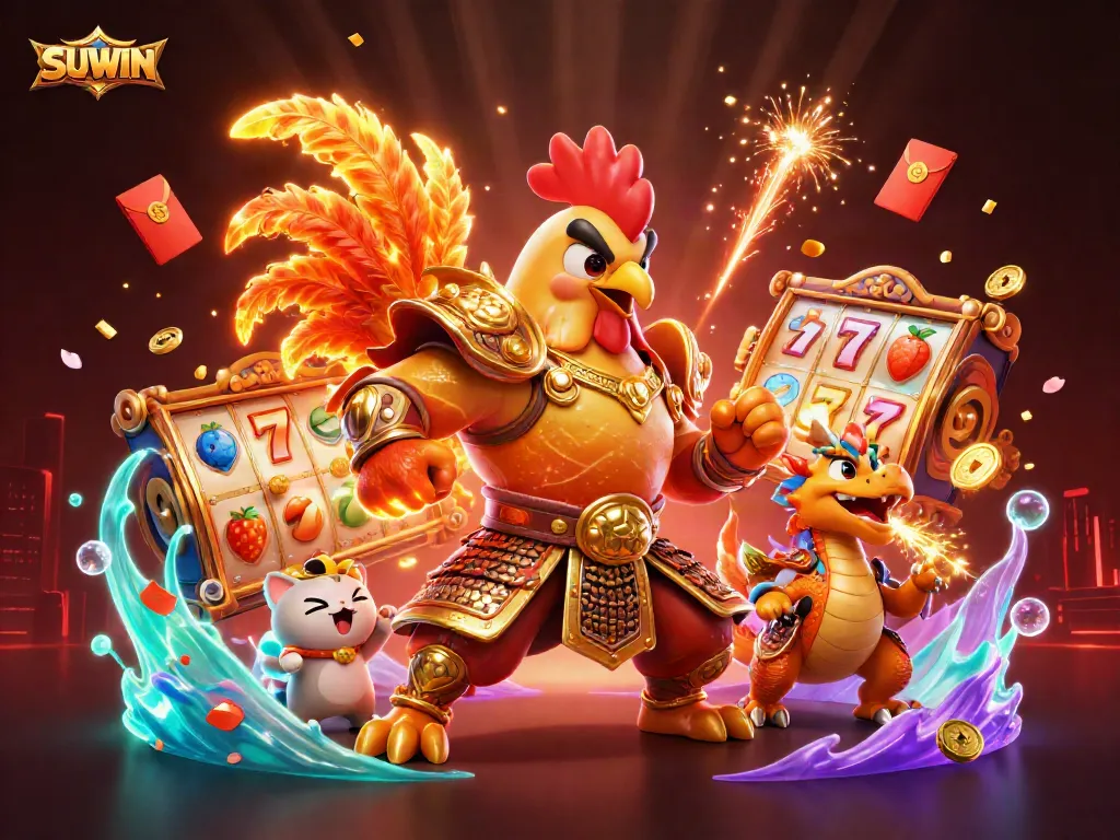Suwin captures players' excitement with a fierce rooster warrior and dragon amidst vibrant casino symbols.