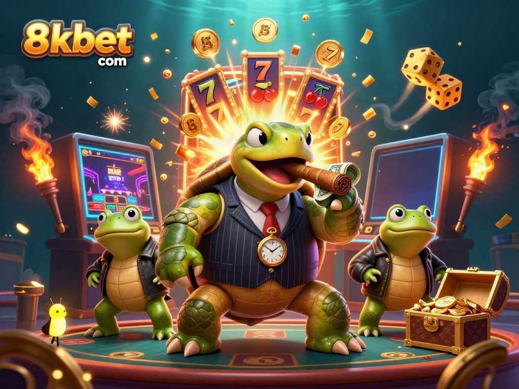 Engage with 8xbet com in a vibrant 3D casino scene featuring a snapping turtle in a suit and winning symbols.