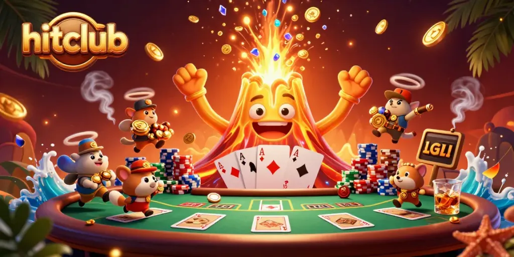 Experience excitement at hitclub with cartoon characters celebrating a treasure eruption during casino games.