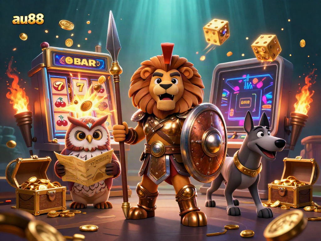 Spin the reels with au88, featuring a cartoon Spartan lion and vibrant casino elements.