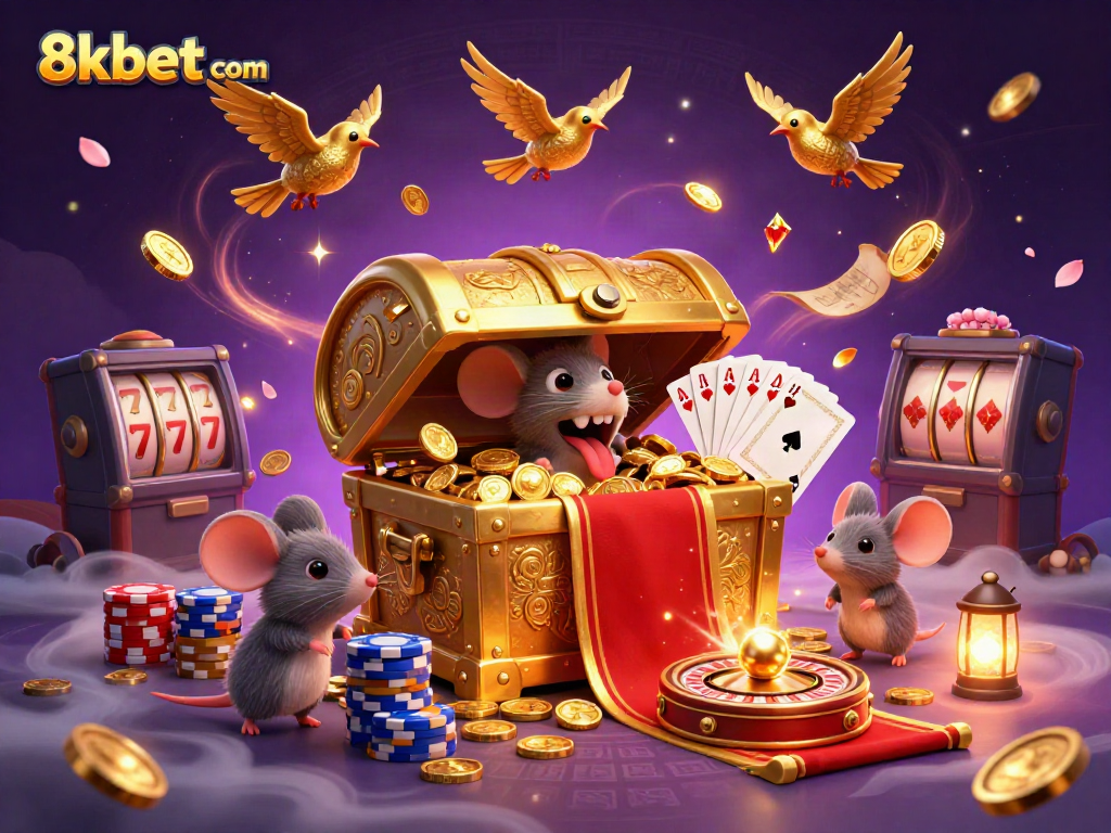 Play and win with 8xbet com in a captivating treasure-filled casino scene.