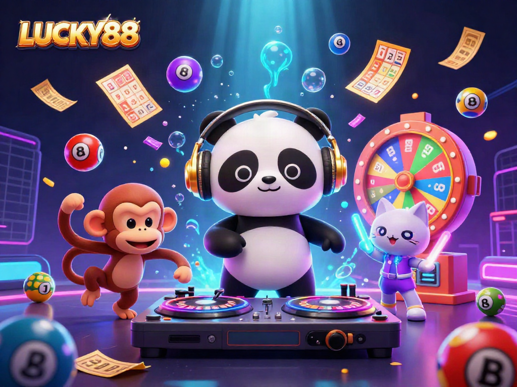 Experience the thrill of LUCKY88 with vibrant characters and lively casino elements in action.
