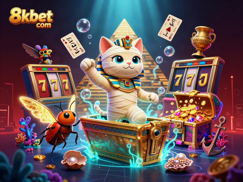 Experience thrilling slots action with 8xbet com's unique Egyptian casino illustration showcasing excitement.