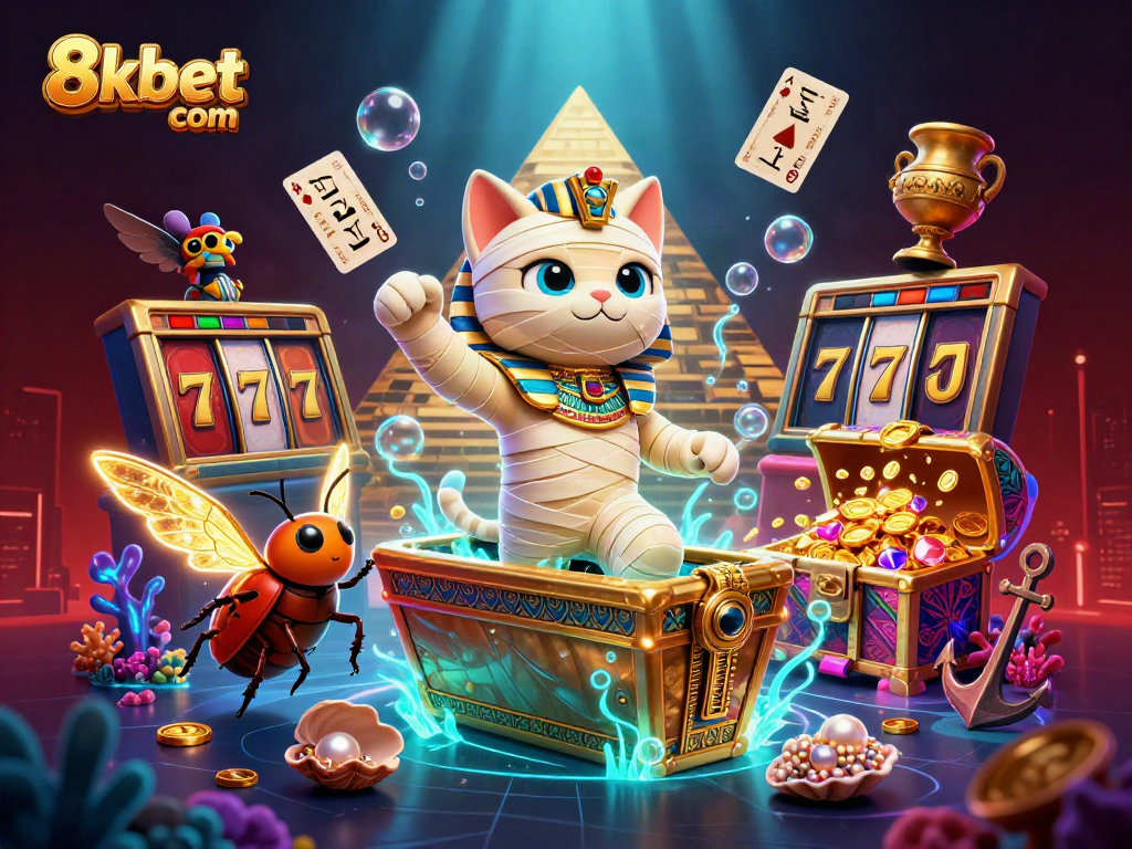 Experience thrilling slots action with 8xbet com's unique Egyptian casino illustration showcasing excitement.