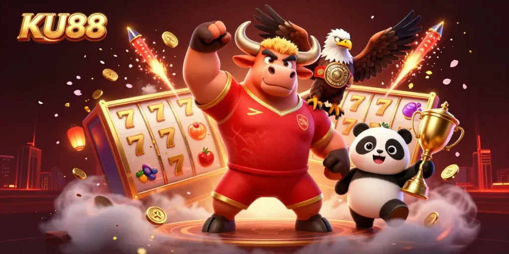 Experience thrilling jackpot action with KU88's colorful slots in a vibrant casino scene.