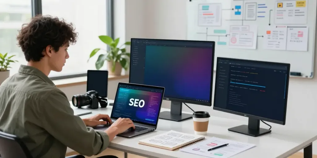 SEO professional optimizing content for instant indexing in a vibrant workspace.