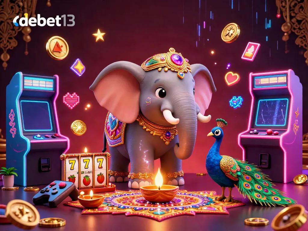 Experience vibrant gaming action at debet13 with a lively casino atmosphere, featuring colorful 3D characters and game elements.
