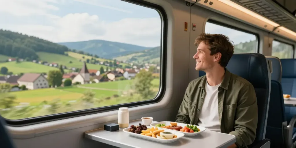 Enjoying the view from a one way train ticket journey through picturesque landscapes while traveling.