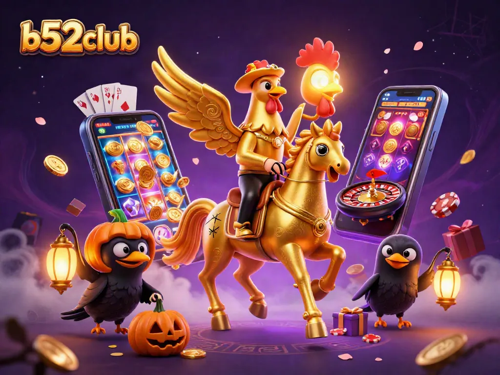Experience the thrill of b52club with a vibrant 3D casino scene featuring golden rooster and magical elements.