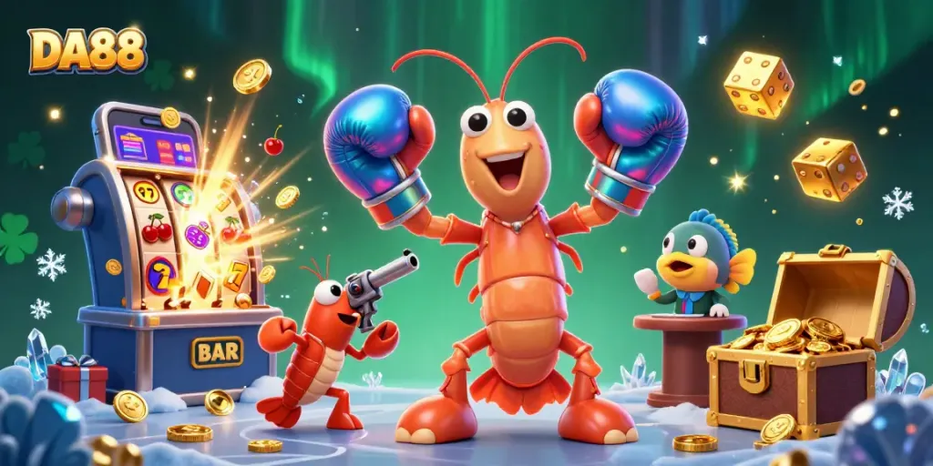 Join the DA88 gaming excitement with dynamic 3D characters celebrating jackpot wins in a vibrant casino scene.