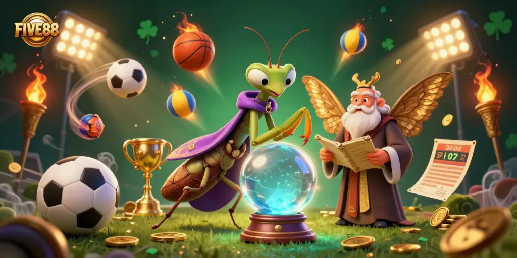Engage with FIVE88's thrilling sports betting scene featuring dynamic characters and lively game elements.