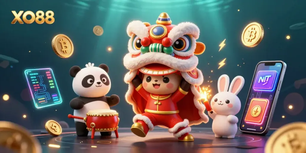 Experience the vibrant gameplay at XO88 with a dynamic illustration of a lion dance, celebrating casino culture.