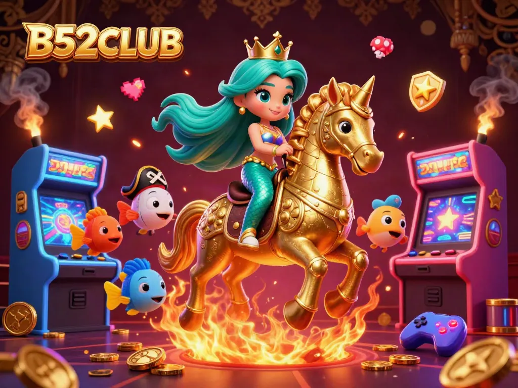 B52CLUB immerses players in a vibrant casino atmosphere with a mermaid princess, seahorse, and colorful game elements.