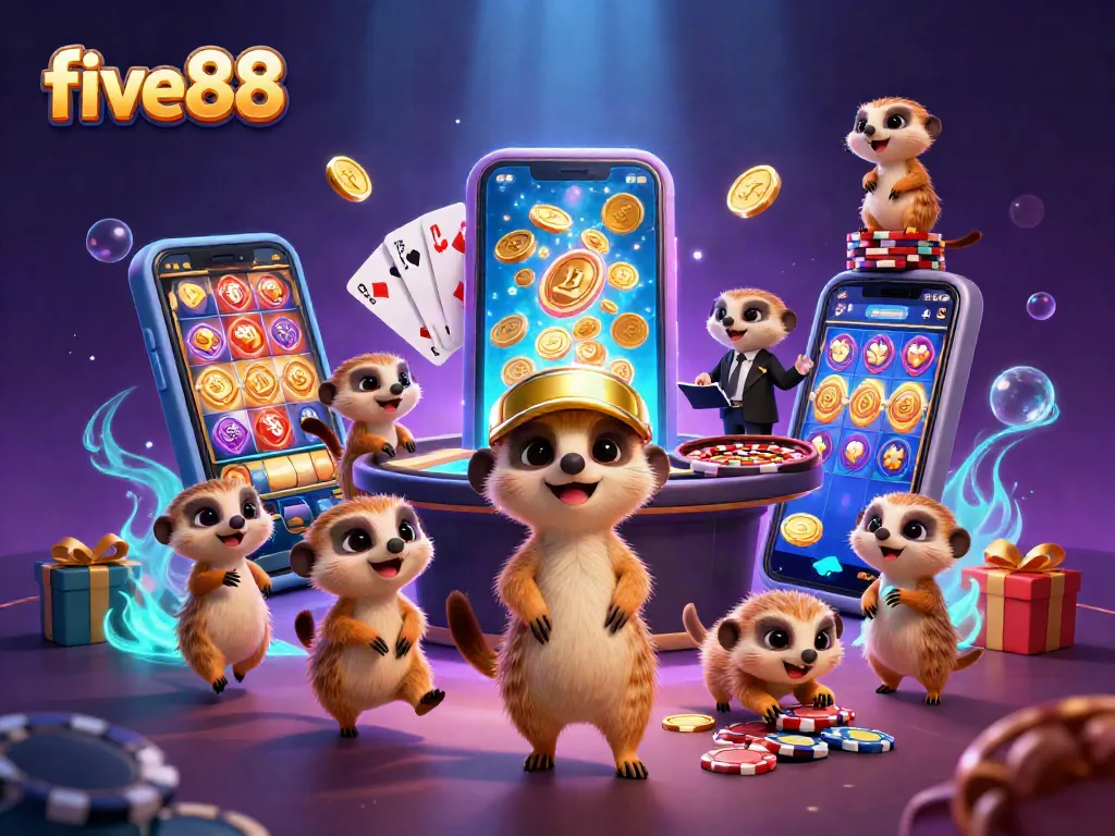 Engaging meerkats manage casino excitement in five88's stunning 3D scene, showcasing vibrant games.