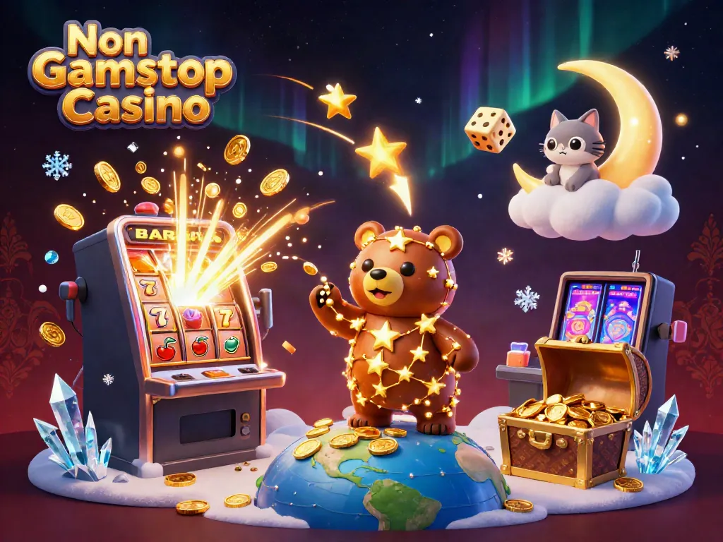 Engage with vibrant gaming elements at Non Gamstop Casino, featuring a starry scene filled with excitement.
