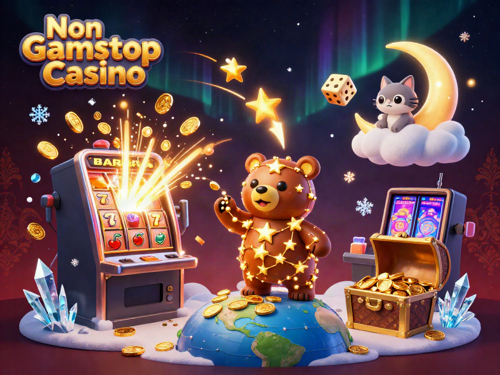 Engage with vibrant gaming elements at Non Gamstop Casino, featuring a starry scene filled with excitement.