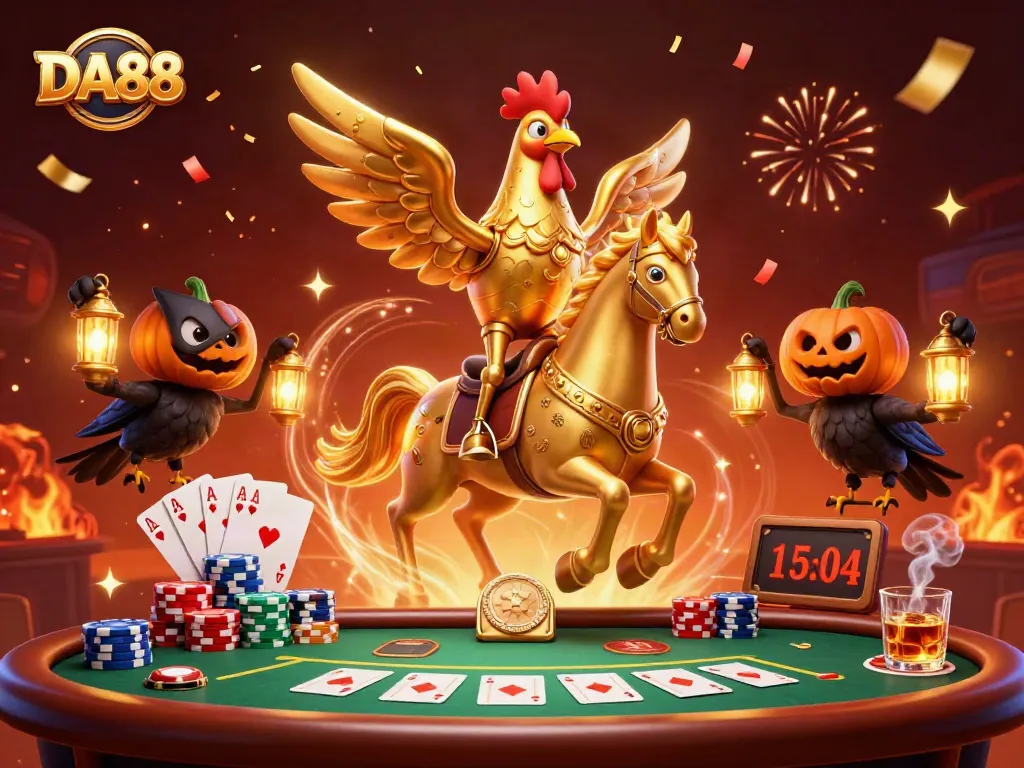 Engage with DA88's vibrant casino experience featuring golden rooster characters in an electrifying midnight atmosphere.