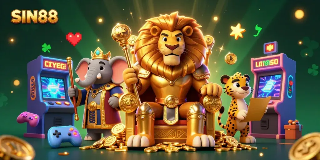 SIN88 engaging casino scene with a fierce lion king, elephant advisor, and cheetah messenger among vibrant gaming elements